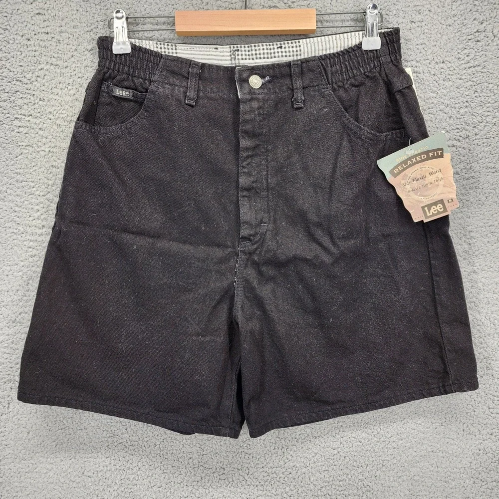 Vintage Lee Relaxed Fit Black Denim Shorts High Waist Side Elastic 14M USA Made